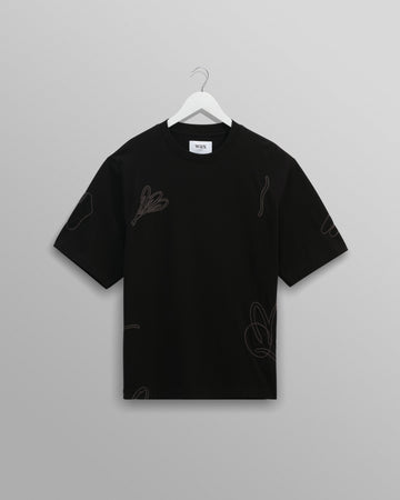 wax london men's Milton - Black Embroidered Organic Cotton T-Shirt