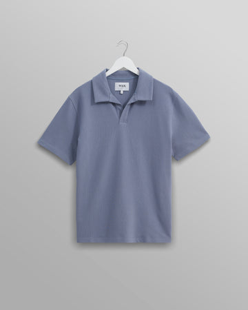 wax london men's Atwood - Mid Blue Textured Organic Cotton Polo Shirt