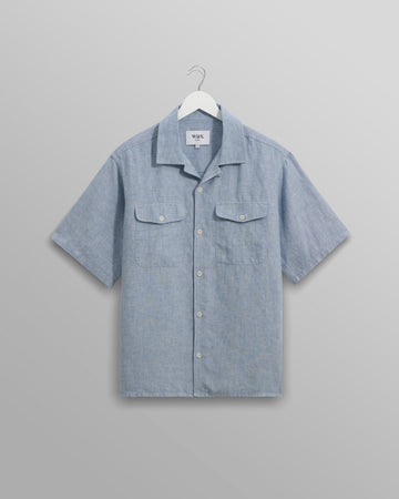 wax london men's Bartlett - Blue Two-Tone Linen Short-Sleeve Shirt