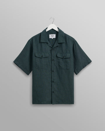 wax london men's Bartlett - Dark Green Two-Tone Linen Short-Sleeve Shirt