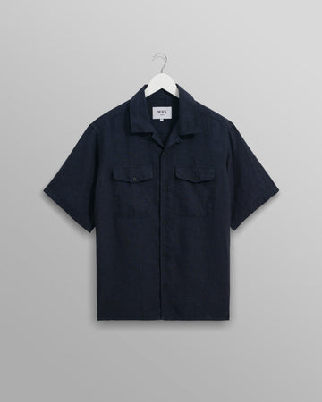 wax london men's Bartlett - Navy Two-Tone Linen Short-Sleeve Shirt