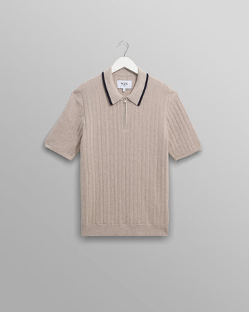 wax london men's Bury - Natural Melange Stripe Zip Polo