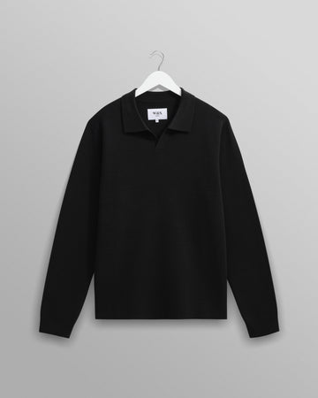 wax london men's Carter - Black Open Collar Milano Knit Polo