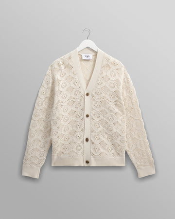 wax london men's Crosby - Ecru Pointelle Cotton Cardigan