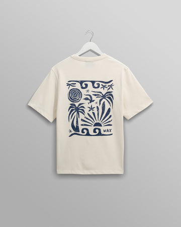wax london men's Dean - Ecru And Blue Doodle Scene Graphic Cotton T-Shirt
