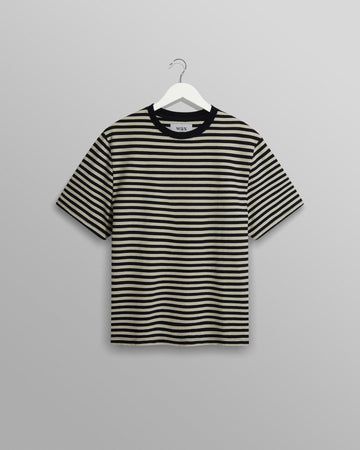 wax london men's Dean - Navy/Ecru Striped Textured Organic Cotton T-Shirt