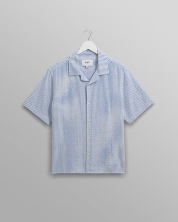 wax london men's Didcot - Blue And White Textured Stripe Short-Sleeve Shirt