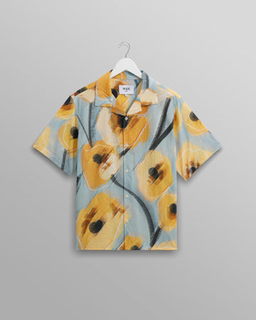 wax london men's Didcot - Blue And Yellow Abstract Poppy Short-Sleeve Shirt