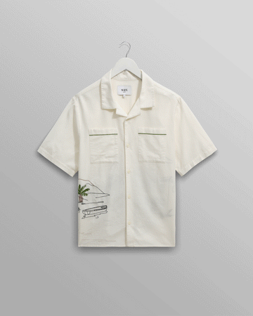 wax london men's Didcot - Ecru And Multicolour Embroidered Short-Sleeve Shirt