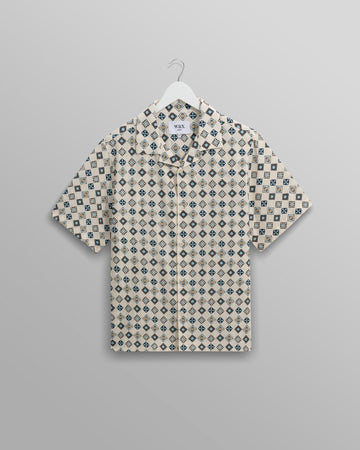 wax london men's Didcot - Ecru And Multicolour Geometric Tile Seersucker Short-Sleeve Shirt