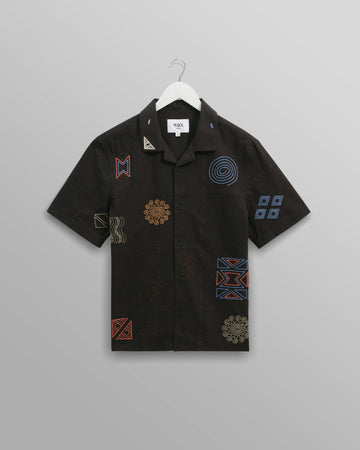 wax london men's Didcot - Navy Doodle Embroidered Short-Sleeve Shirt