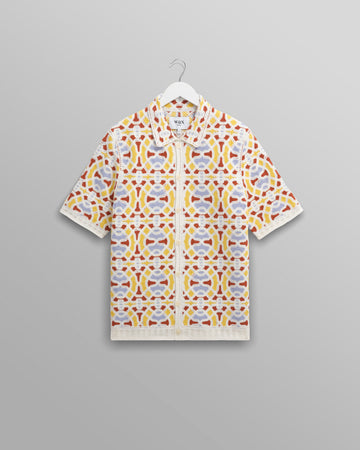 wax london men's Dorset - Ecru And Multicolour Crochet Knitted Polo Shirt