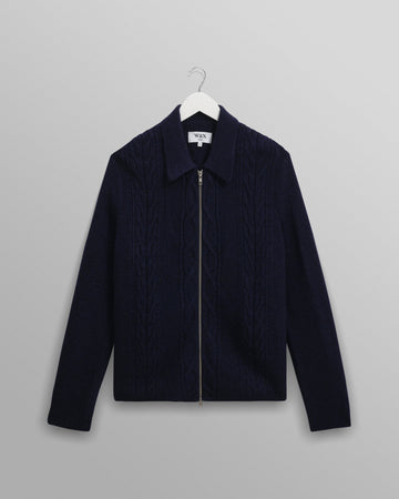 wax london men's Friar - Navy Brush Cable Knit Zip Cardigan