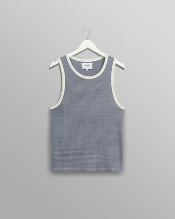 wax london men's Montague - Blue And Ecru Striped Ribbed Organic Cotton Vest