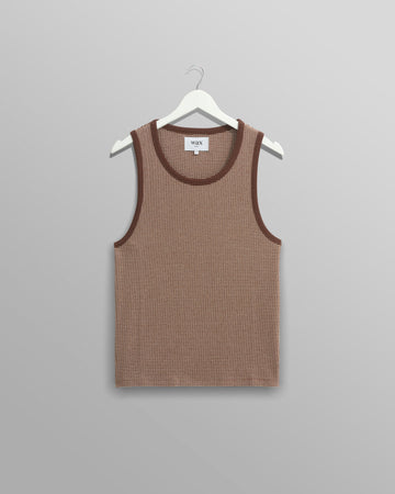 wax london men's Montague - Brown And Ecru Striped Ribbed Organic Cotton Vest