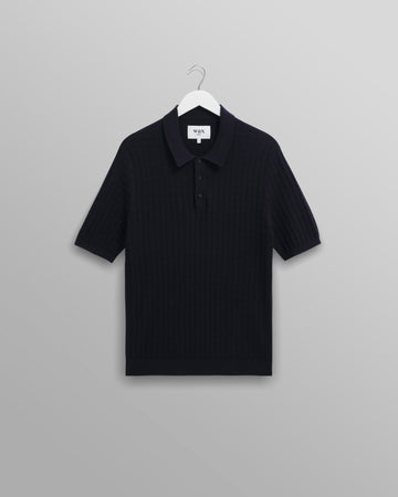 wax london men's Naples - Navy Diamond Stripe Knitted Polo