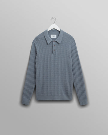 wax london men's Oban - Grey Blue Diamond Stripe Knitted Polo