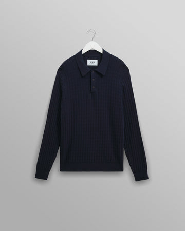wax london men's Oban - Navy Diamond Stripe Knitted Polo