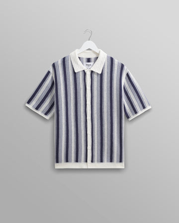 wax london men's Porto - Blue And Ecru Stripe Crochet Knitted Polo Shirt