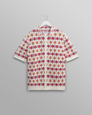 wax london men's Porto - Ecru And Multicolour Splash Crochet Knitted Polo Shirt