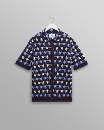 wax london men's Porto - Navy Splash Crochet Knitted Polo Shirt