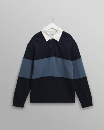 wax london men's Rowhill - Navy And Blue Panelled Loopback Rugby Shirt