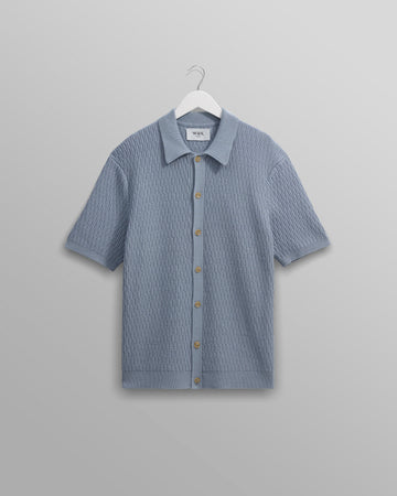 wax london men's Tellaro - Blue Honeycomb Knitted Cotton Polo Shirt