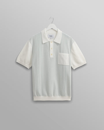 wax london men's Turin - Blue And Ecru Retro Stripe Knitted Cotton Polo