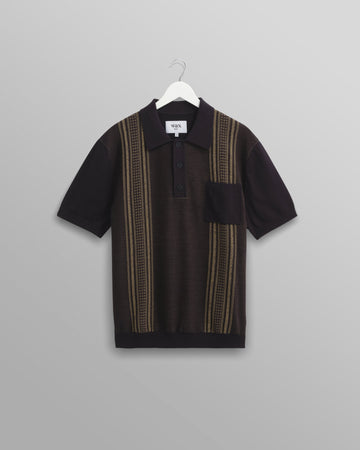 wax london men's Turin - Navy And Khaki Retro Stripe Knitted Cotton Polo