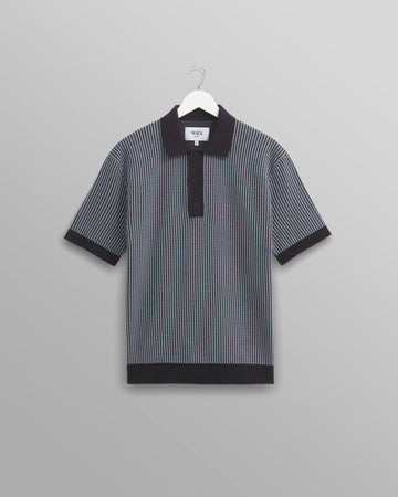 wax london men's Turin - Navy Ladder Stripe Knitted Cotton Polo
