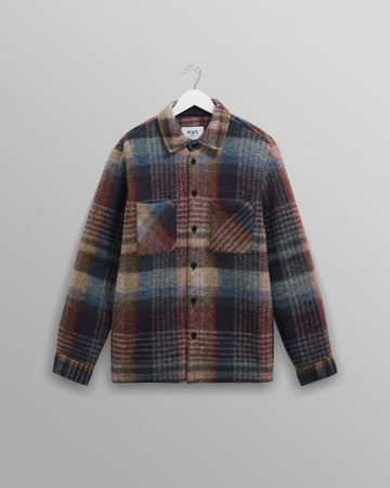 wax london men's Whiting - Blue And Multicolour Wool Check Overshirt