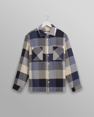 wax london men's Whiting - Navy And Ecru Block Check Overshirt
