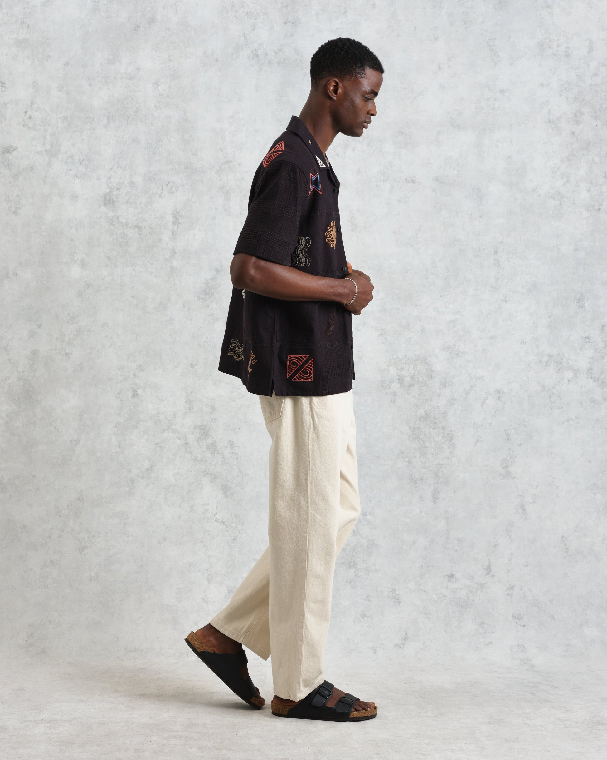 wax london men's Didcot - Navy Doodle Embroidered Short-Sleeve Shirt