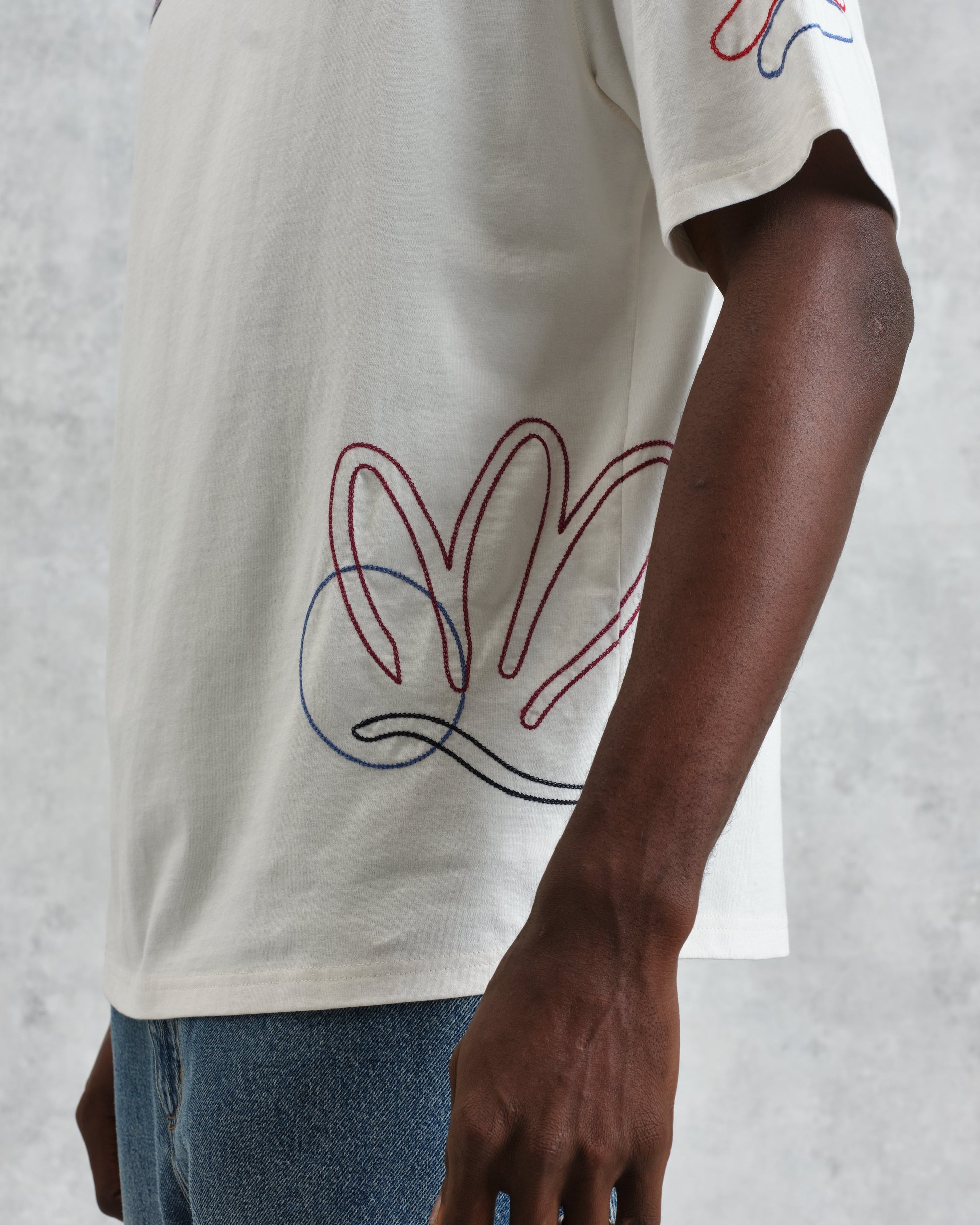 wax london men's Milton - Ecru Embroidered Organic Cotton T-Shirt