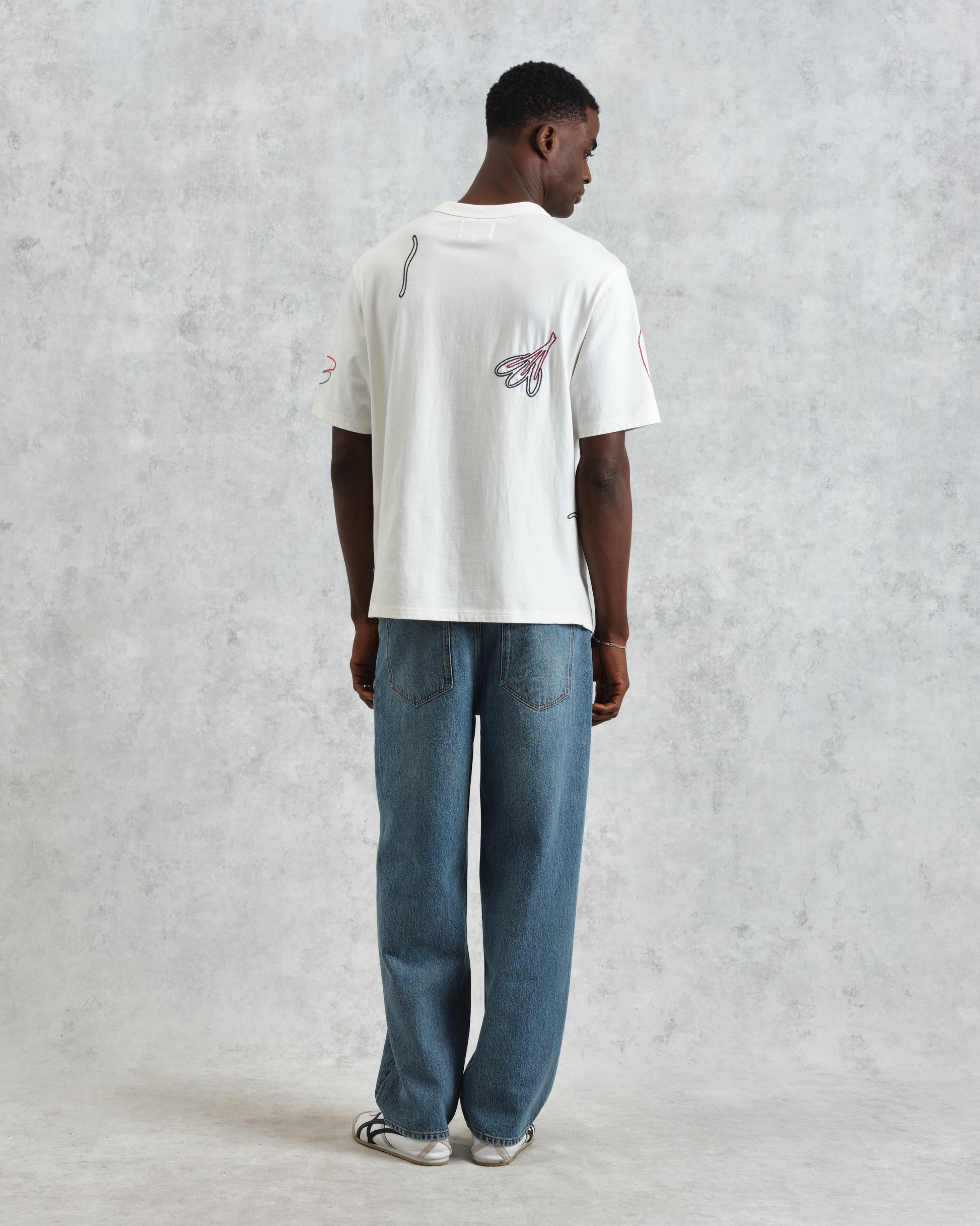 wax london men's Milton - Ecru Embroidered Organic Cotton T-Shirt