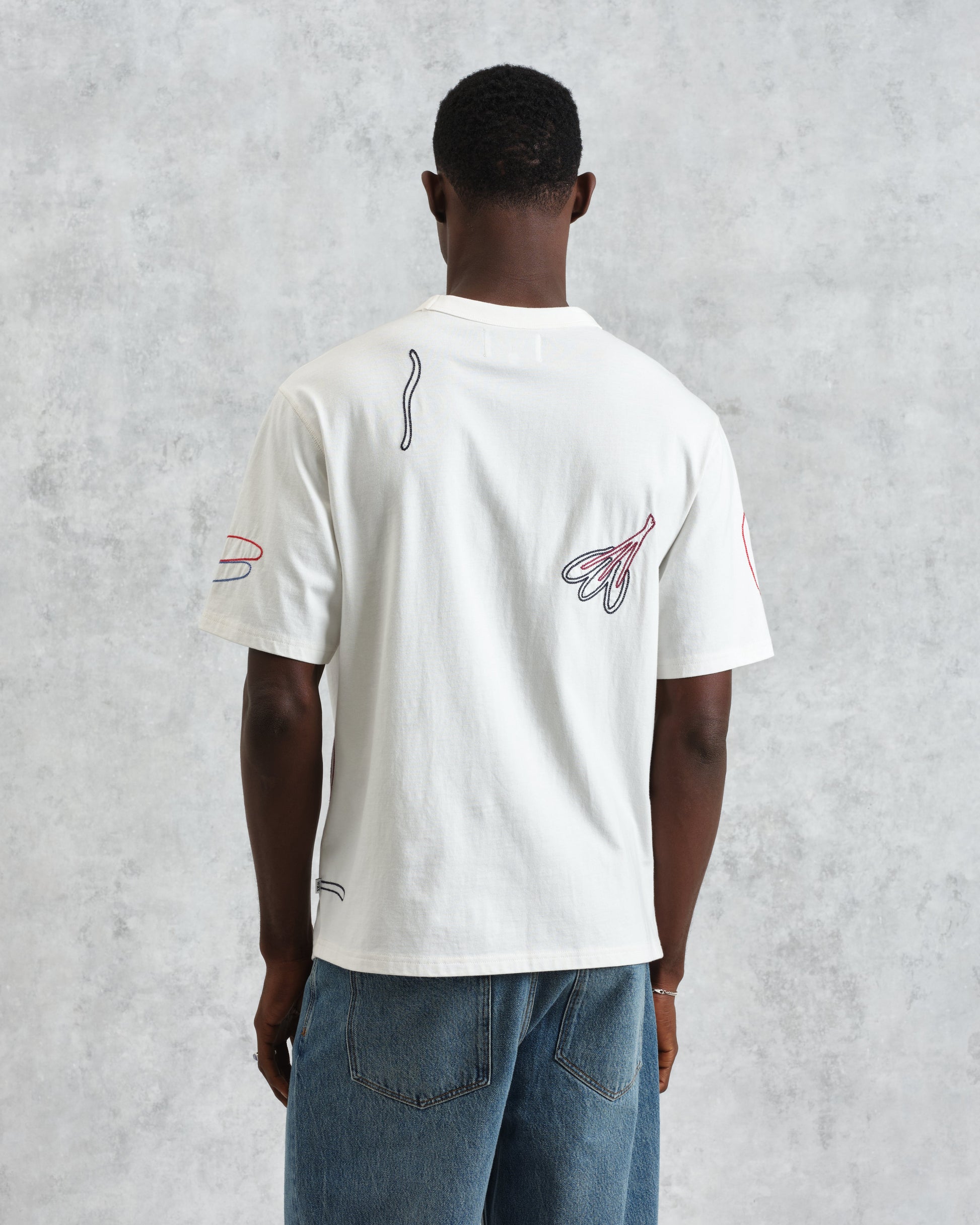 wax london men's Milton - Ecru Embroidered Organic Cotton T-Shirt