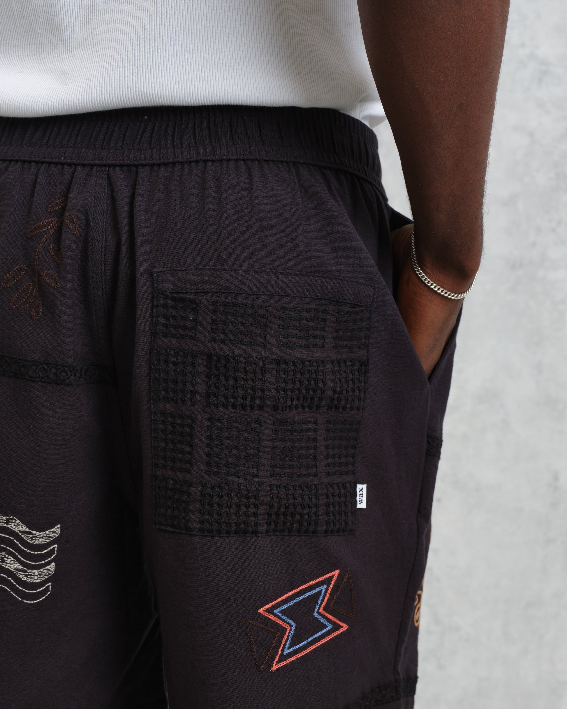 wax london men's Kurt - Navy Doodle Embroidered Shorts