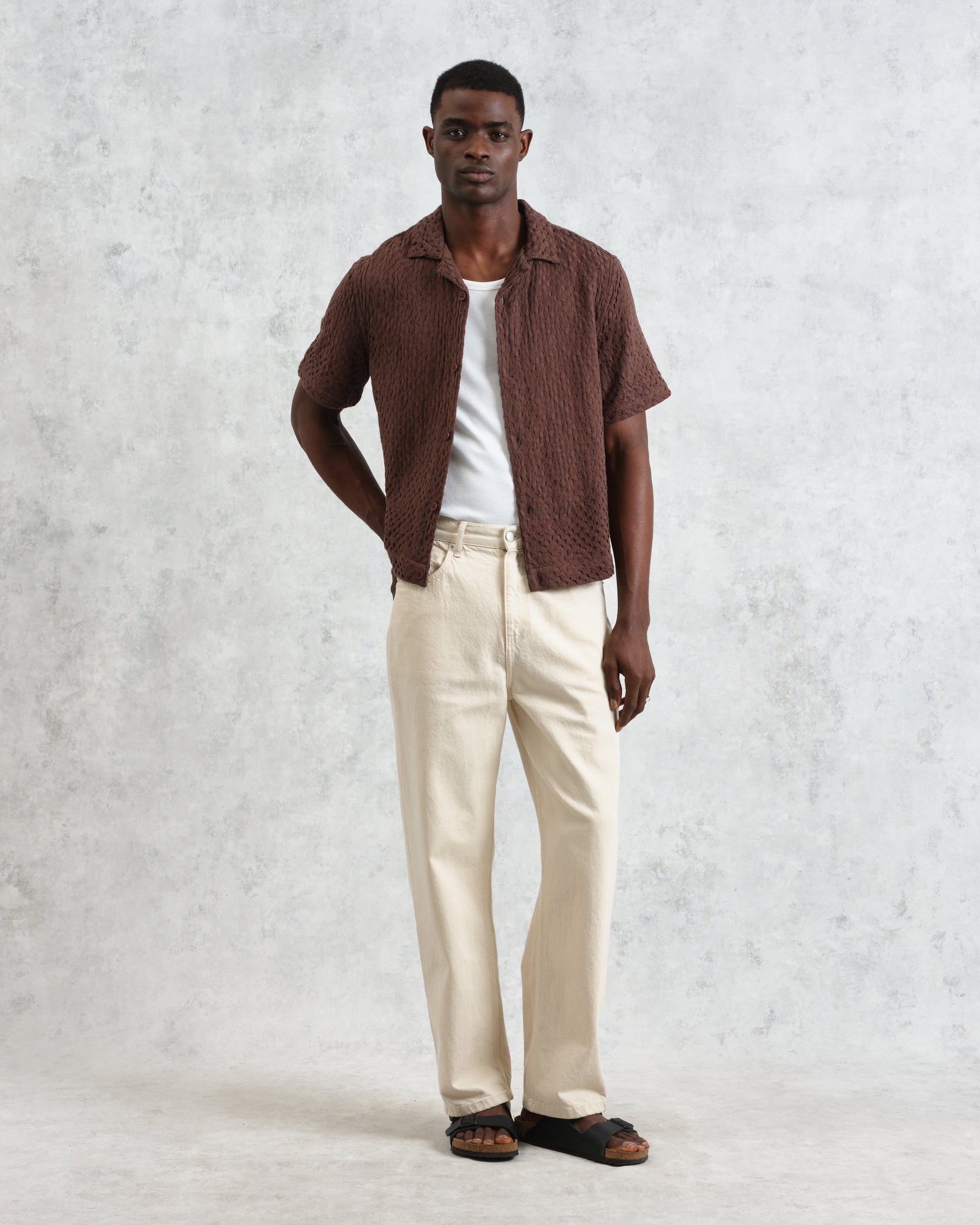 wax london men's Lido - Brown Dobby Cotton Weave Short-Sleeve Shirt