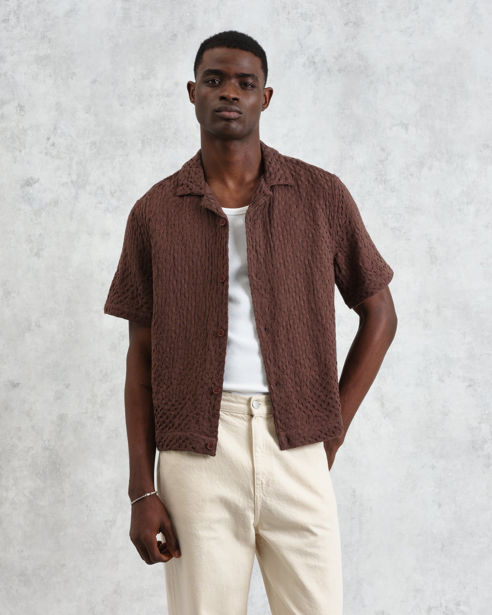 wax london men's Lido - Brown Dobby Cotton Weave Short-Sleeve Shirt