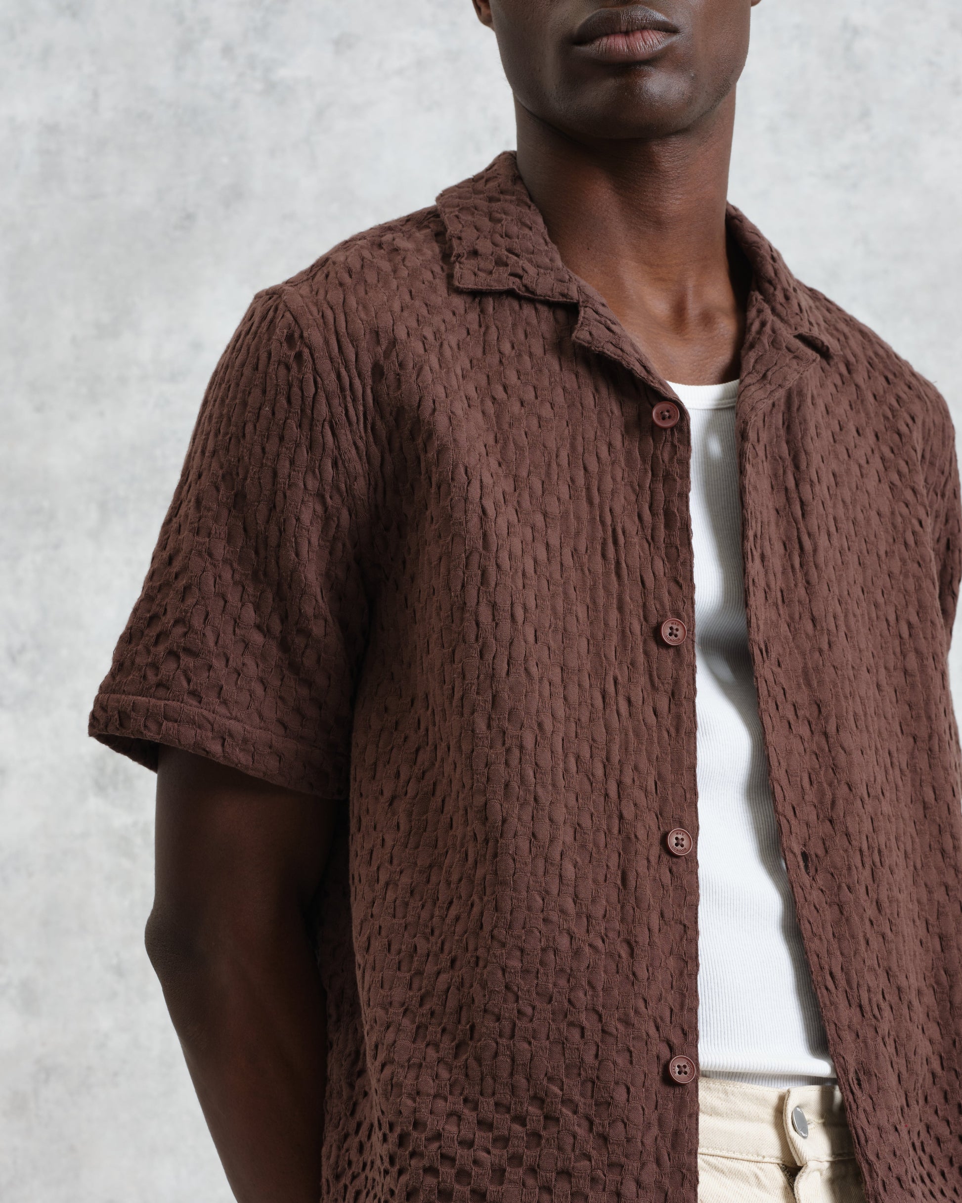 wax london men's Lido - Brown Dobby Cotton Weave Short-Sleeve Shirt