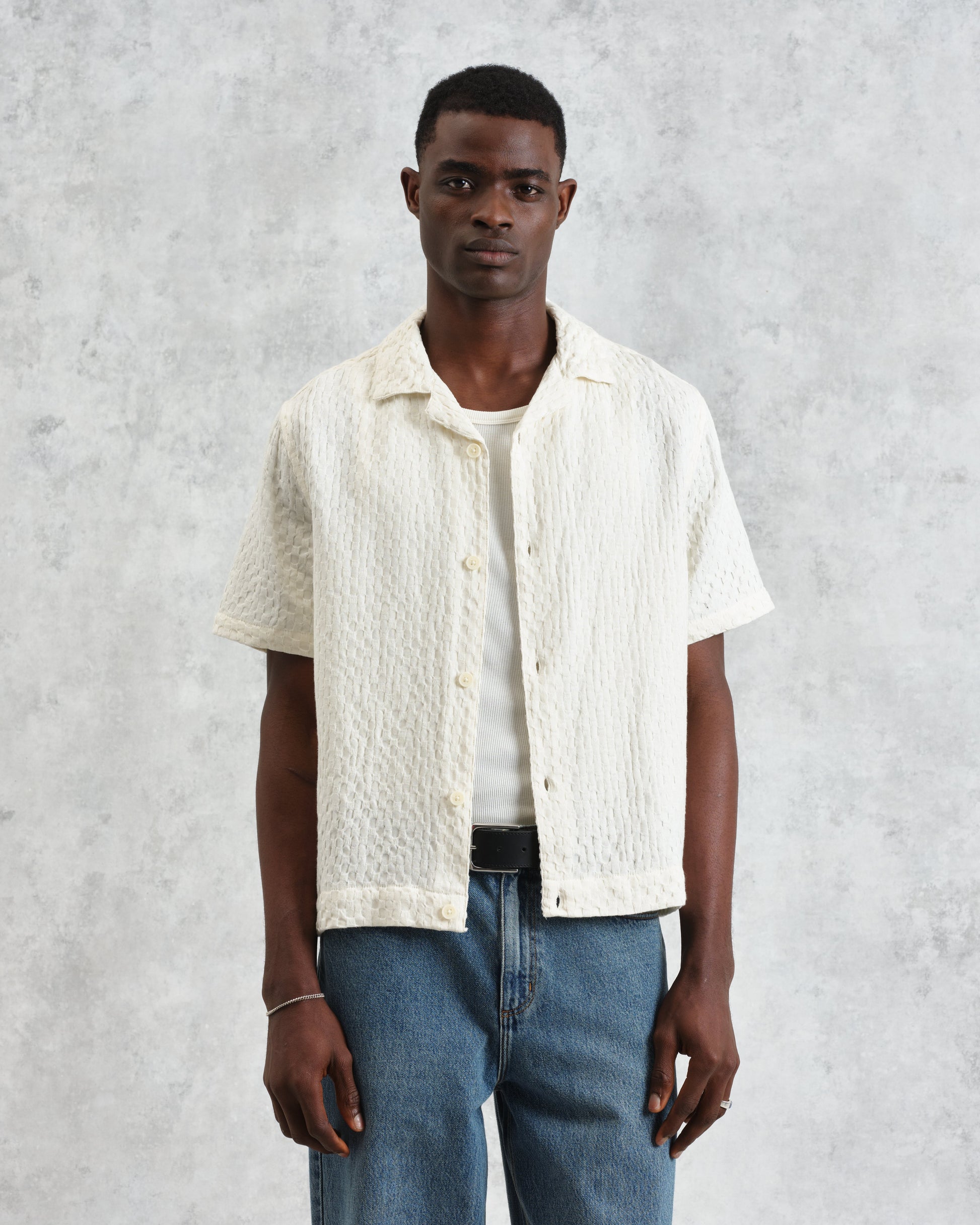 wax london men's Lido - Ecru Dobby Cotton Weave Short-Sleeve Shirt