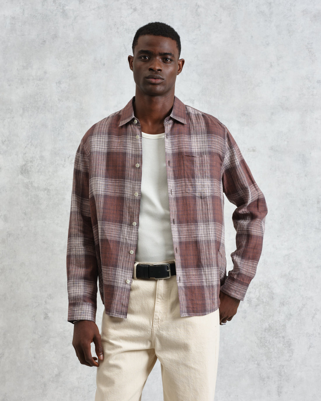 wax london men's Jaunt - Brown Check Linen Shirt