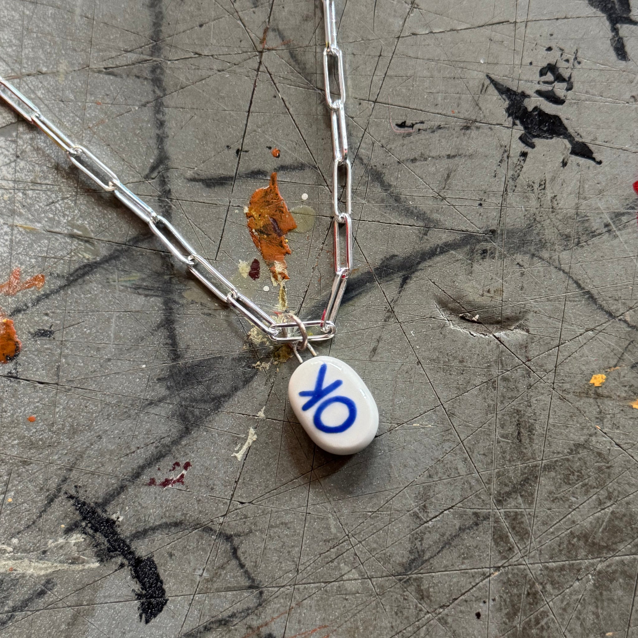 OK Bye Pendant Necklace, handmade in White Porcelain: 18" silver paperclip