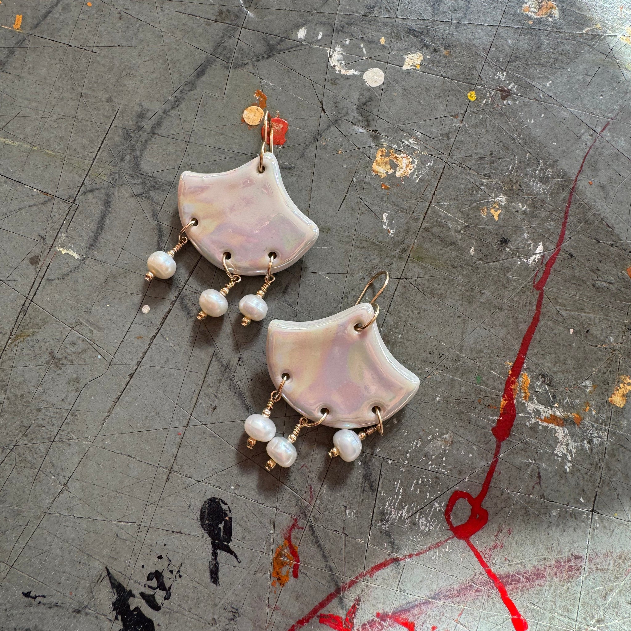 Petra Beaded Porcelain Earrings - Handmade: Mother of pearl