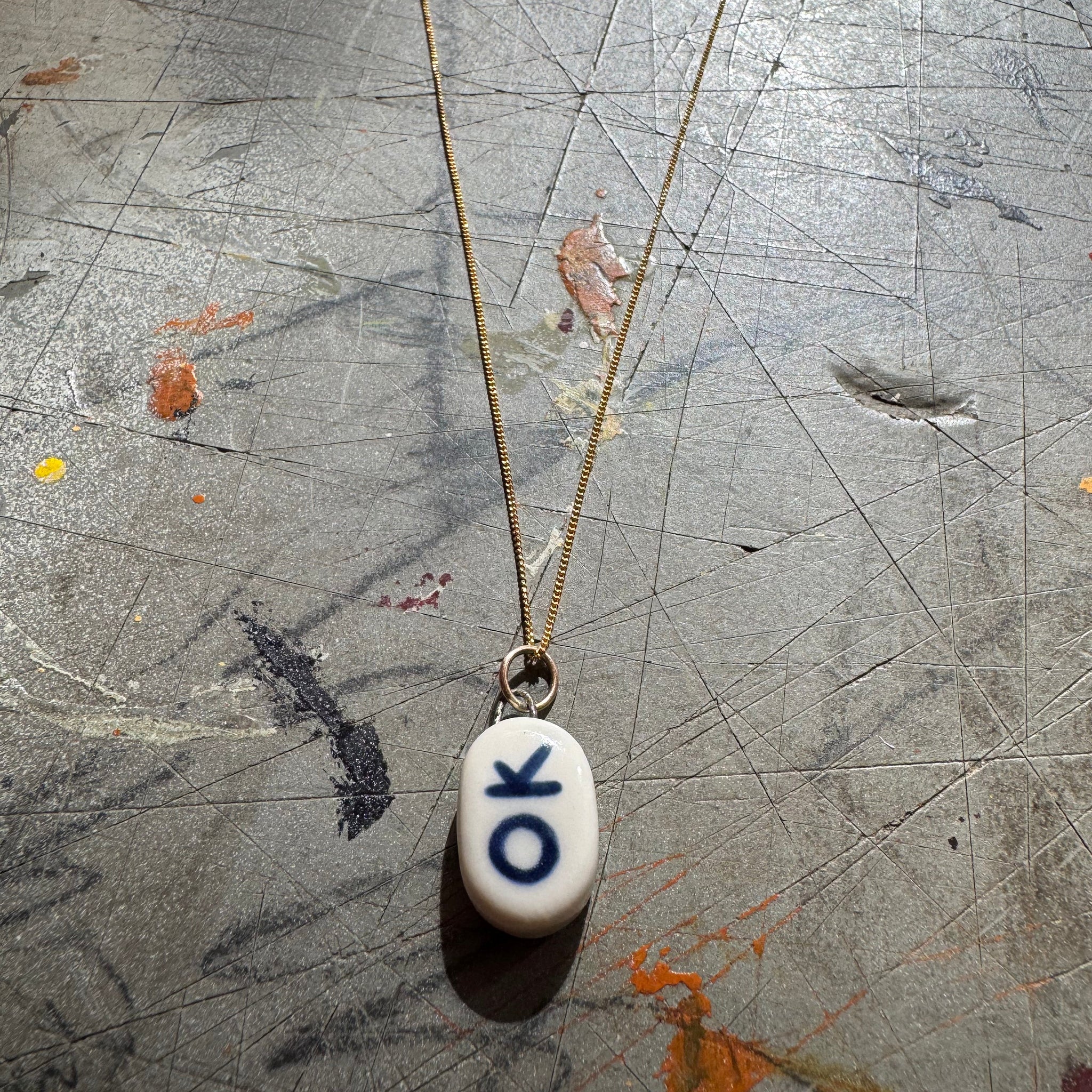 White Porcelain OK Bye Pendant Necklace with Fine Chase Chain