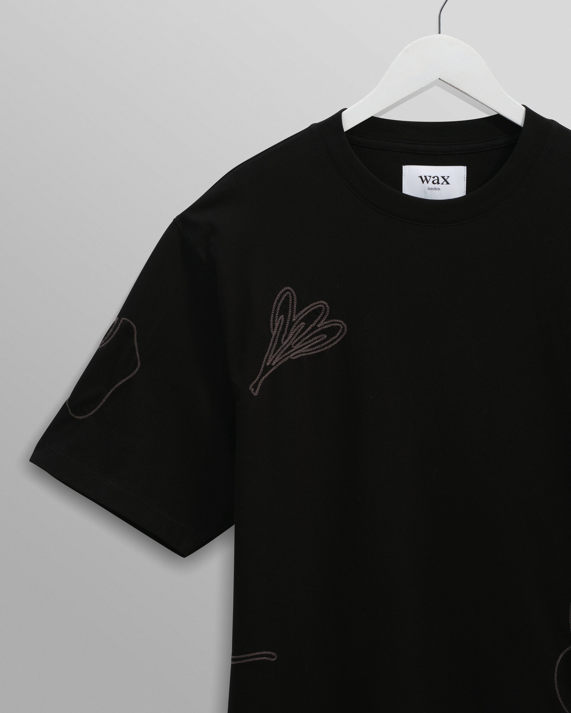 wax london men's Milton - Black Embroidered Organic Cotton T-Shirt