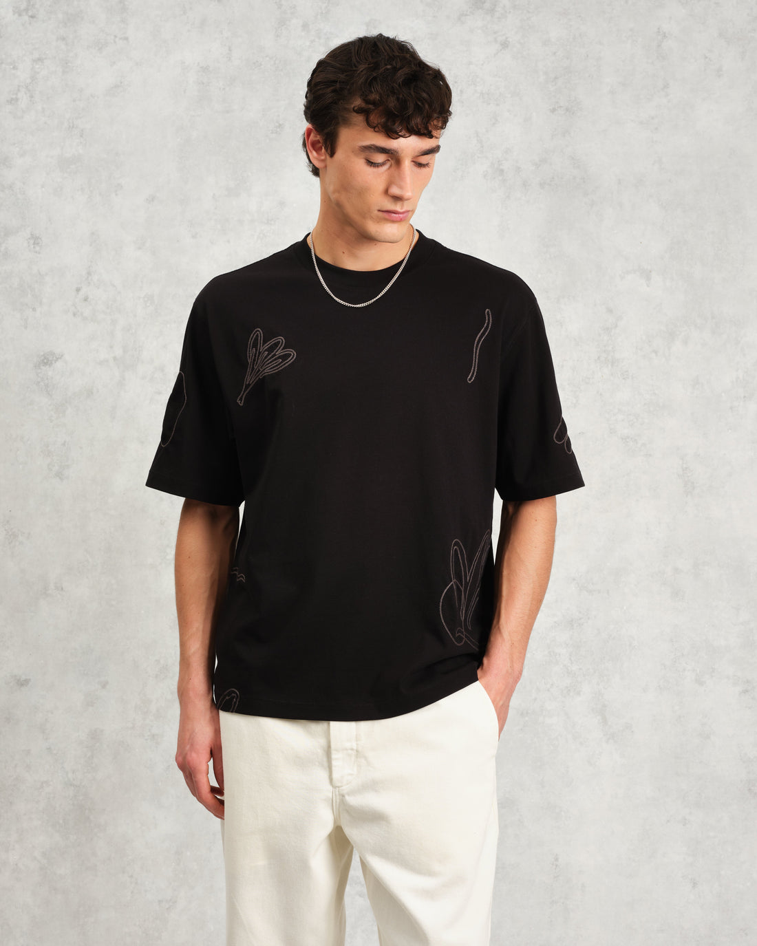 wax london men's Milton - Black Embroidered Organic Cotton T-Shirt