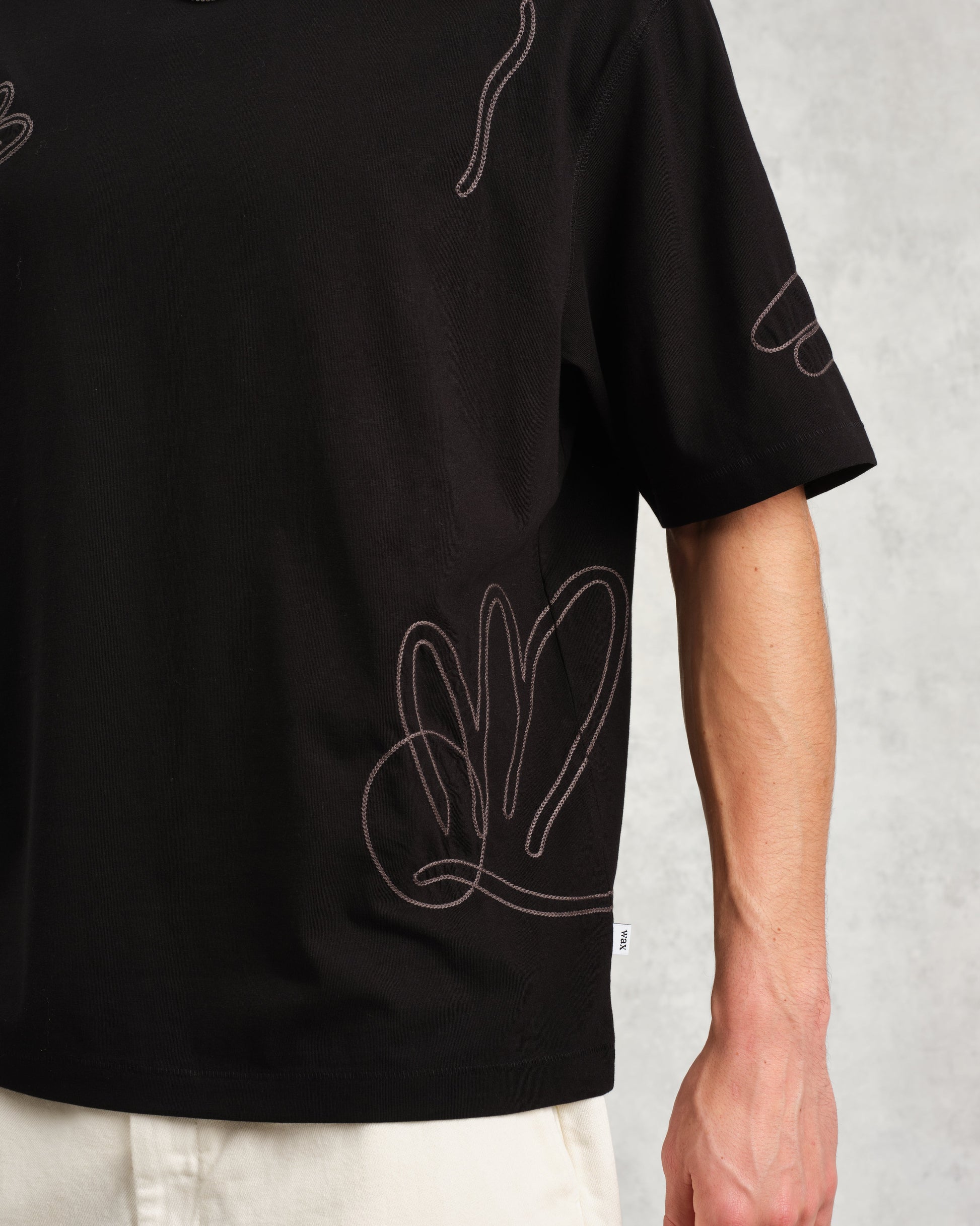 wax london men's Milton - Black Embroidered Organic Cotton T-Shirt