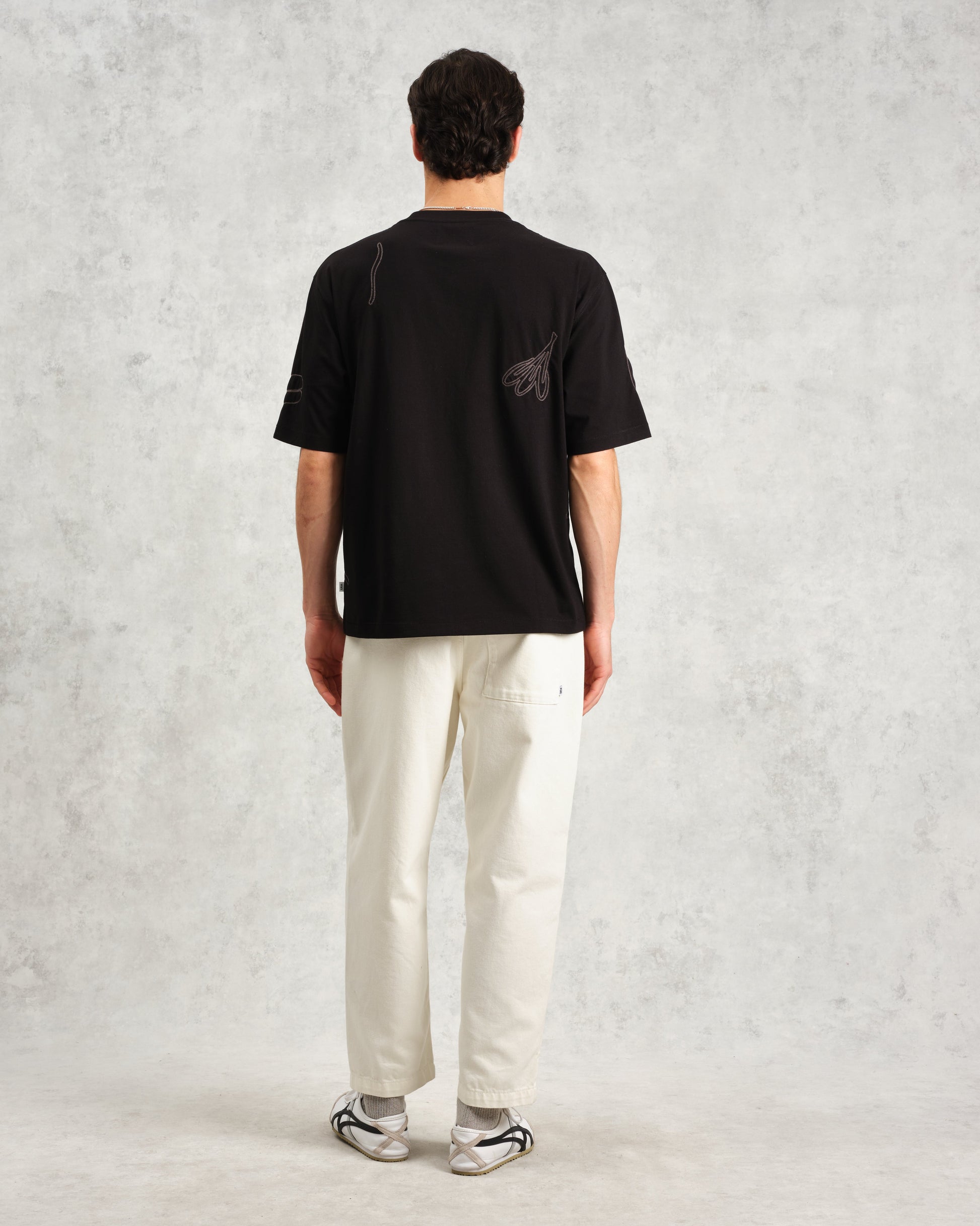 wax london men's Milton - Black Embroidered Organic Cotton T-Shirt