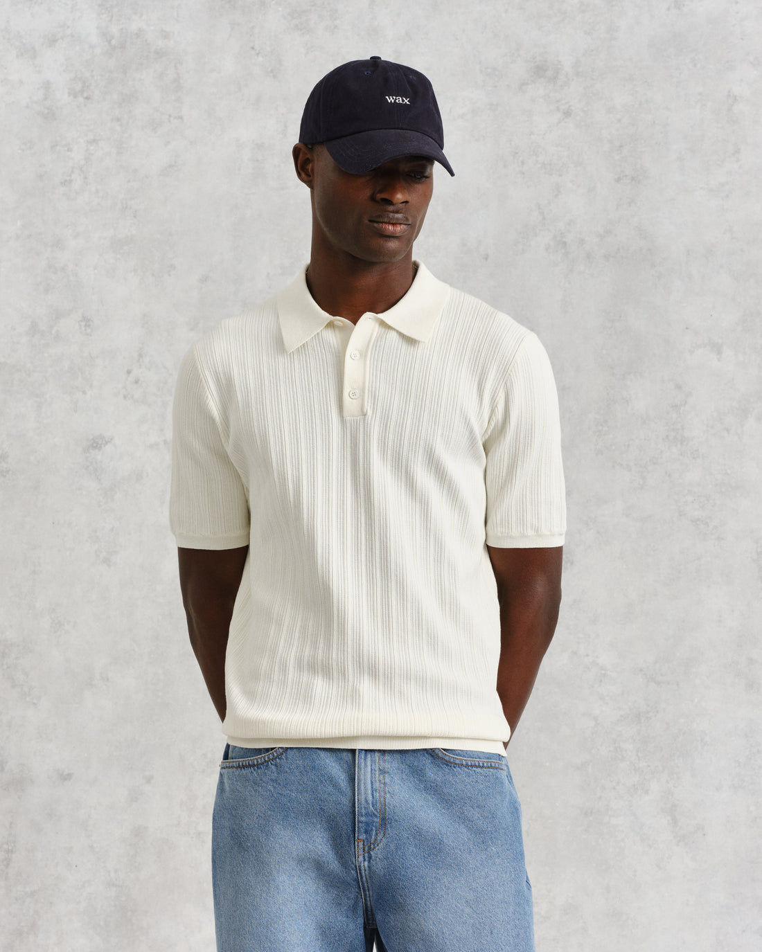 wax london men's Naples - Ecru Textured Knitted Polo Shirt